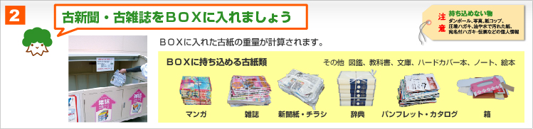 2.古新聞・古雑誌をＢＯＸに入れましょう