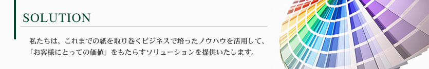 SOLUTION 私たちは、これまでの紙を取り巻くビジネスで培ったノウハウを活用して、
「お客様にとっての価値」をもたらすソリューションを提供いたします。